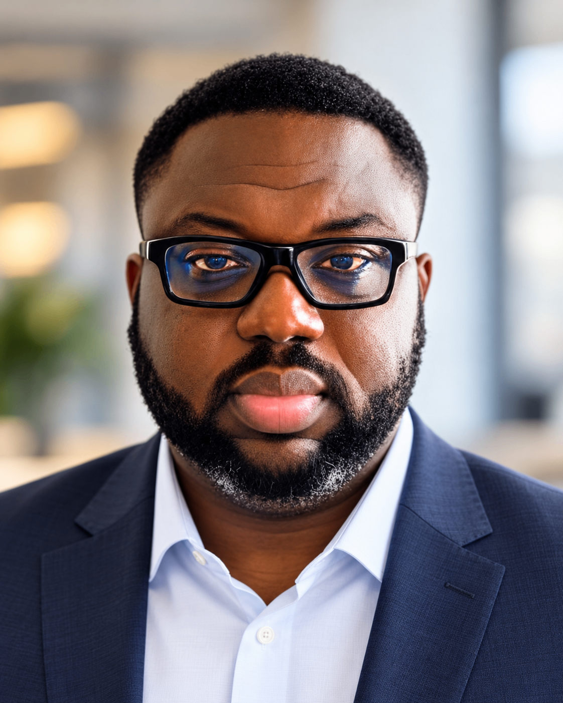 Jean S. Jerome in a navy blazer and light blue shirt
